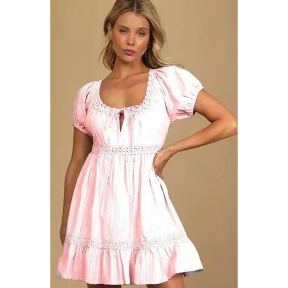 Lulus So Darling Dress Blush Dotted Mini Short Sleeve NWT L